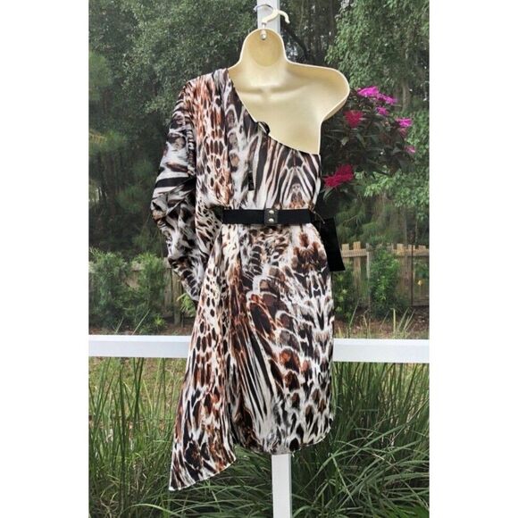 bebe satin leopard Print Brown Black White One Shoulder Drape Mini Dress Xs - Picture 4 of 6